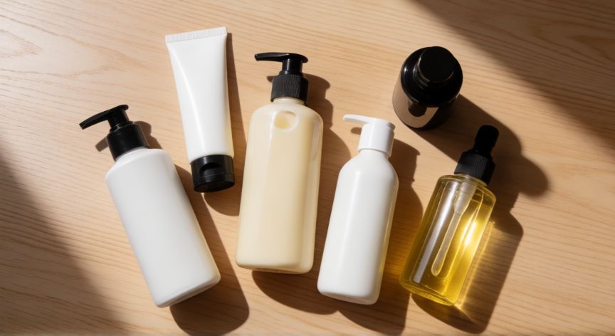mejor producto para pelo encrespado, Colección de productos de cuidado capilar para pelo encrespado sobre mesa de madera