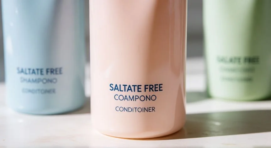 Champú y acondicionador suaves para cabello ondulado sobre fondo claro