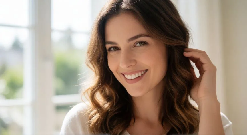 mejor producto para pelo ondulado, Mujer sonriendo tocando su cabello ondulado definido y brillante