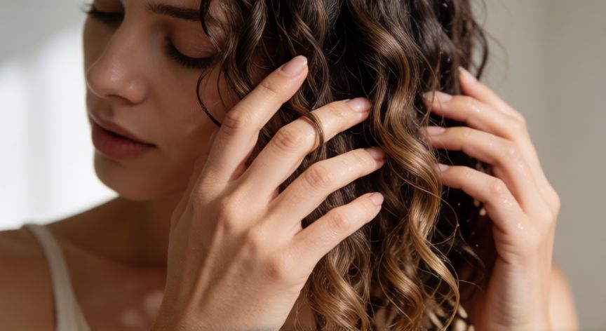 mejor producto para pelo rizado, Mujer definiendo sus rizos con los dedos y producto capilar