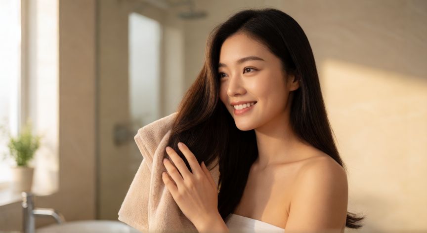 mejor producto para pelo seco y dañado, Mujer con cabello sano y brillante usando toalla de microfibra en el baño