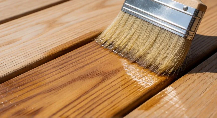 Aplicación de aceite fino sobre madera de exterior con brocha