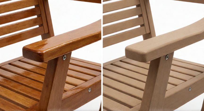 mejor producto para proteger madera exterior, Comparativa visual entre barniz transparente y pintura opaca en muebles de madera