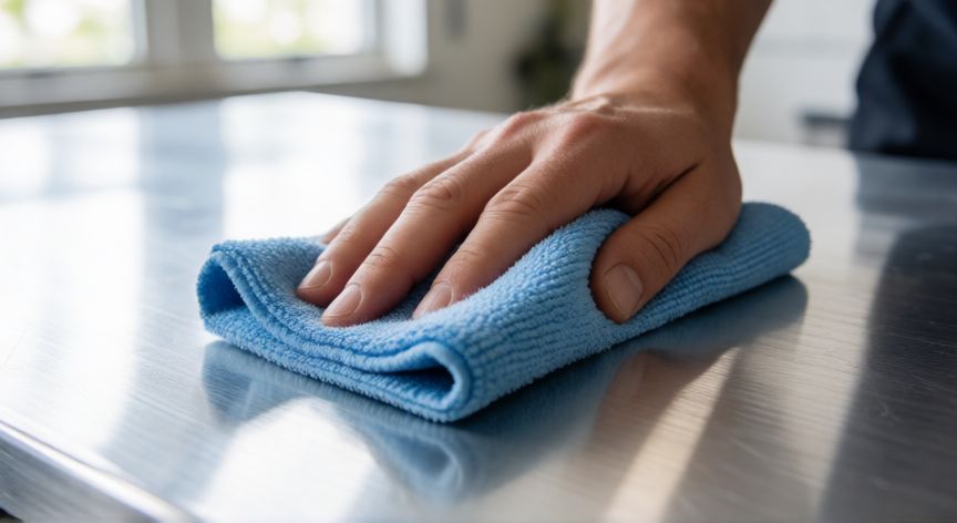 mejor producto para pulir aluminio, Persona puliendo una superficie de aluminio con un paño de microfibra azul