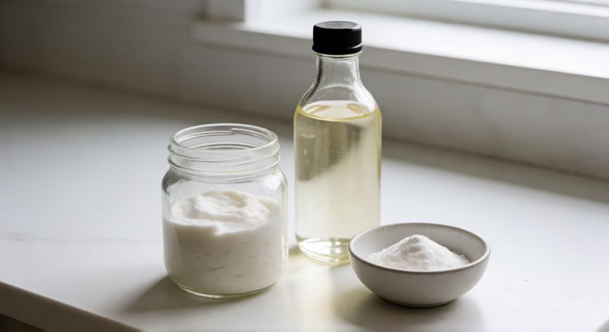 mejor producto para pulir aluminio, Ingredientes caseros para pulir aluminio como vinagre y bicarbonato sobre una mesa blanca