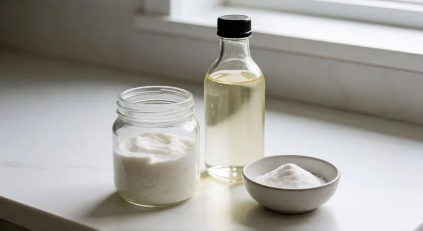 mejor producto para pulir aluminio, Ingredientes caseros para pulir aluminio como vinagre y bicarbonato sobre una mesa blanca