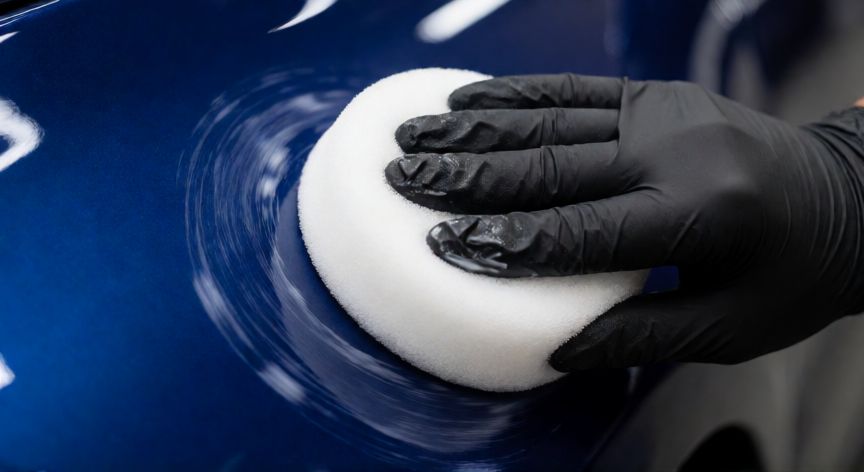 mejor producto para pulir y encerar autos, Aplicación de polish con esponja sobre pintura azul brillante