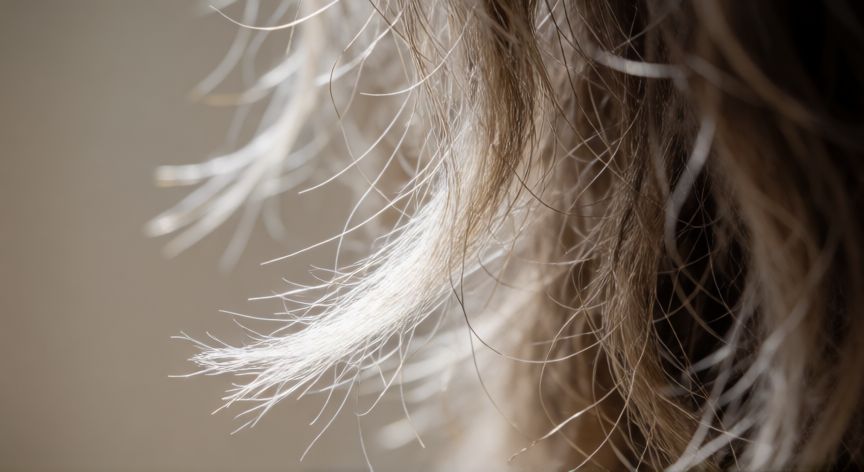 mejor producto para puntas abiertas y secas, Detalle macro de puntas abiertas y cabello seco mostrando la fibra rota