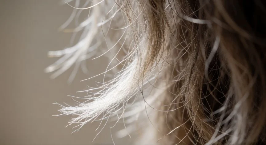 Detalle macro de puntas abiertas y cabello seco mostrando la fibra rota