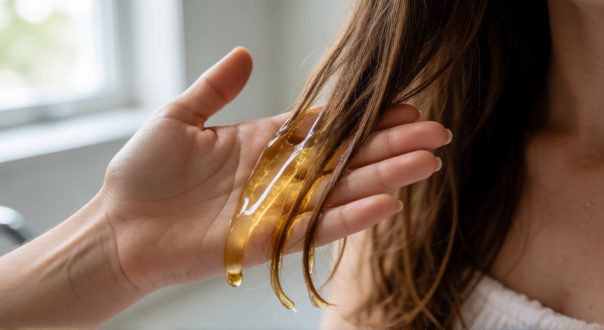 mejor producto para puntas abiertas y secas, Manos aplicando aceite reparador en las puntas del cabello para sellar la hidratación