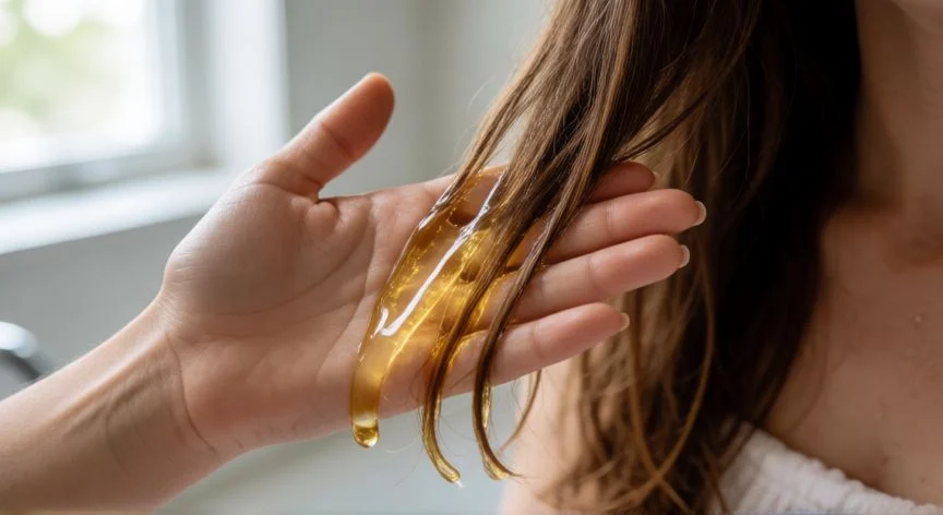 mejor producto para puntas abiertas y secas, Manos aplicando aceite reparador en las puntas del cabello para sellar la hidratación