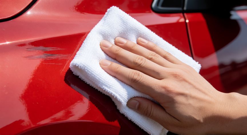 mejor producto para quitar arañazos del coche, Poliendo un arañazo en la carrocería de un coche rojo con paño de microfibra