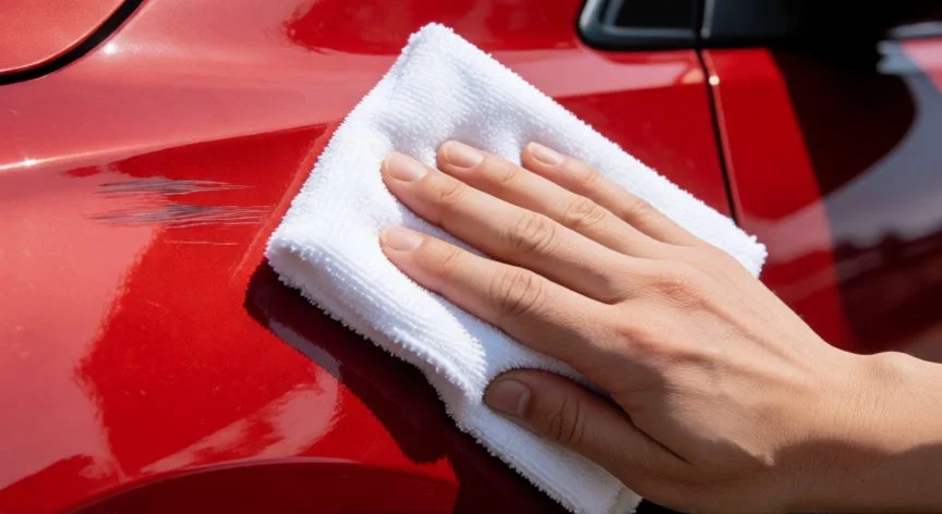 Poliendo un arañazo en la carrocería de un coche rojo con paño de microfibra