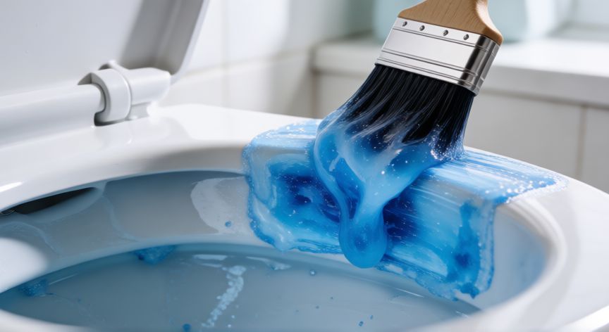 mejor producto para quitar el sarro del inodoro, Aplicación de gel desincrustante azul en la parte superior del inodoro