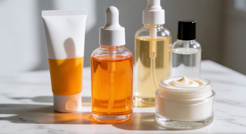 mejor producto para quitar manchas de la cara, Colección de productos cosméticos con vitamina C y protector solar para tratar manchas en la piel