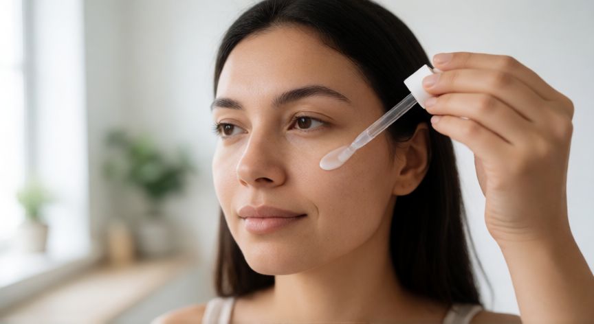 mejor producto para quitar manchas de la cara, Mujer aplicando sérum facial con gotero para el tratamiento de manchas oscuras