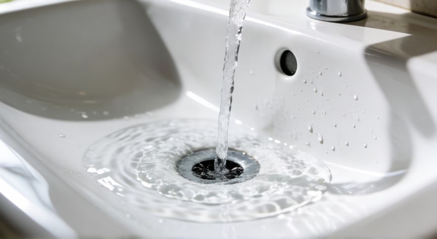 mejor producto para quitar olor tuberías, Desagüe de fregadero limpio con agua fluyendo