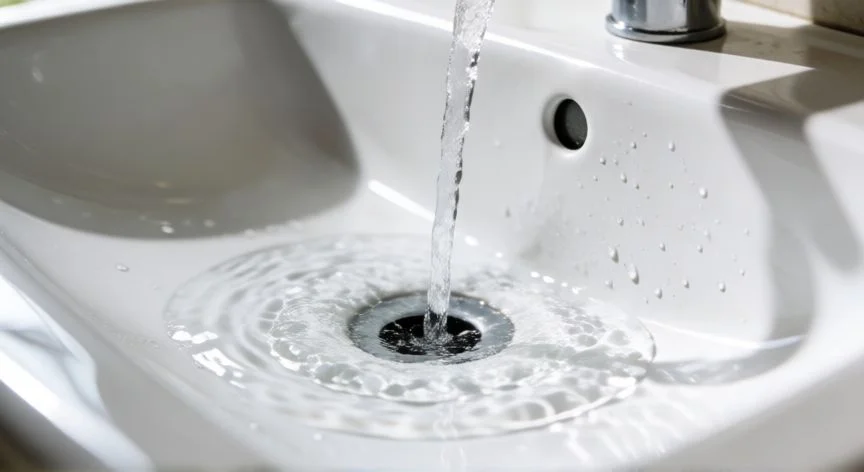 mejor producto para quitar olor tuberías, Desagüe de fregadero limpio con agua fluyendo