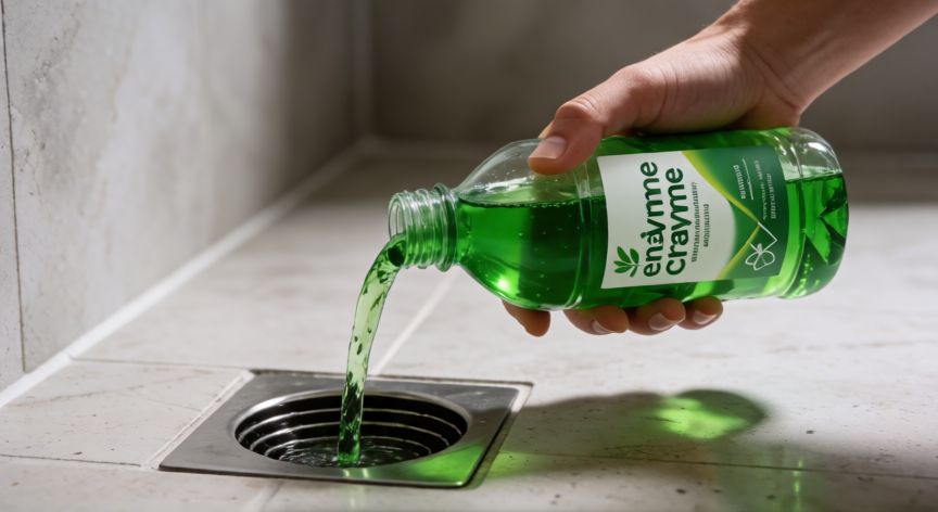 mejor producto para quitar olor tuberías, Aplicando desengrasante enzimático en desagüe del suelo