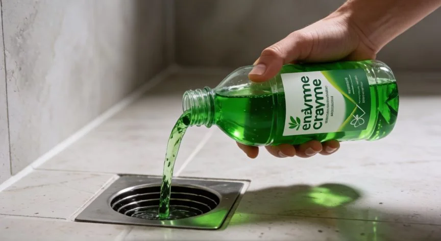 mejor producto para quitar olor tuberías, Aplicando desengrasante enzimático en desagüe del suelo