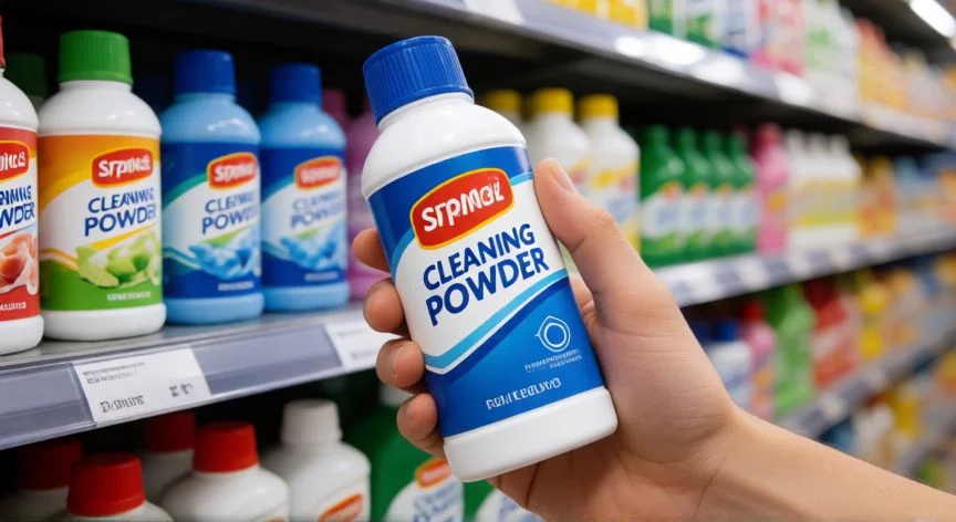 Bote de destapador químico en pasillo de limpieza de supermercado
