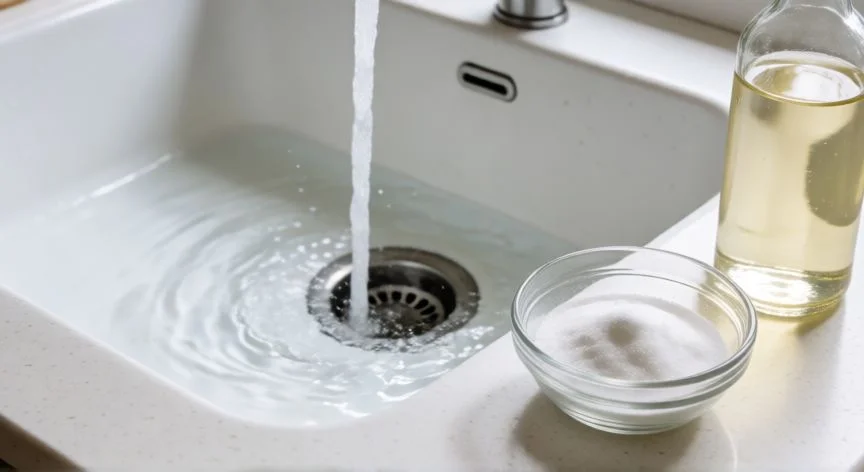 mejor producto para quitar olor tuberías mercadona, Cocina limpia con bicarbonato y vinagre junto al fregadero