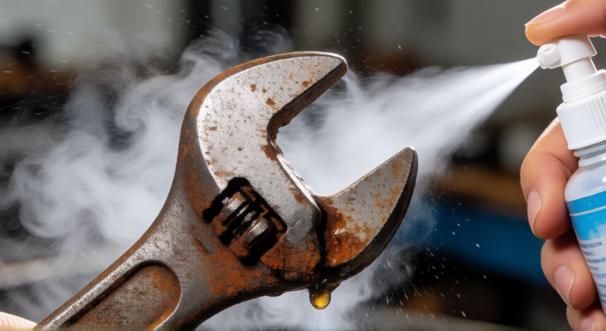 mejor producto para quitar óxido, Aplicación de desoxidante químico sobre una llave inglesa oxidada