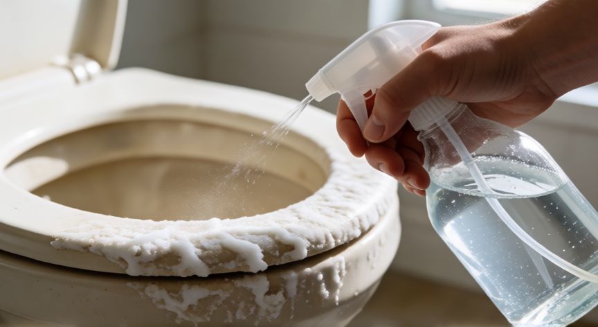 mejor producto para quitar sarro wc, Mano aplicando limpiador descalcificante sobre sarro blanco en el borde del inodoro