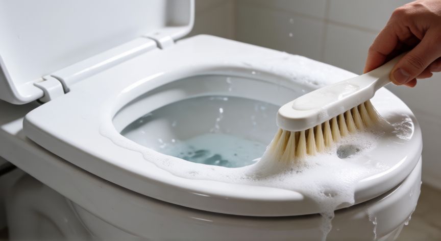mejor producto para quitar sarro wc, Cepillando el inodoro con espuma de limpieza para eliminar residuos de sarro
