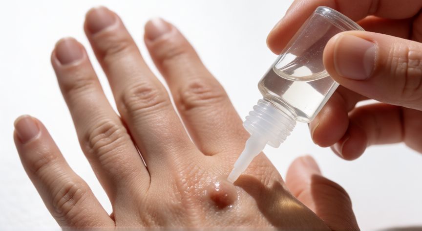 mejor producto para quitar verrugas, Aplicación de tratamiento líquido con ácido salicílico sobre una verruga en la piel