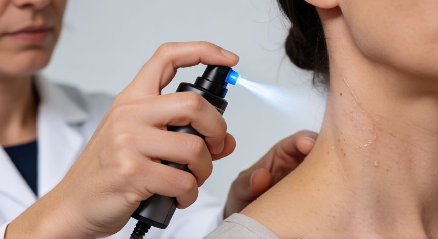 mejor producto para quitar verrugas del cuello, Dermatólogo realizando tratamiento de crioterapia en la zona del cuello