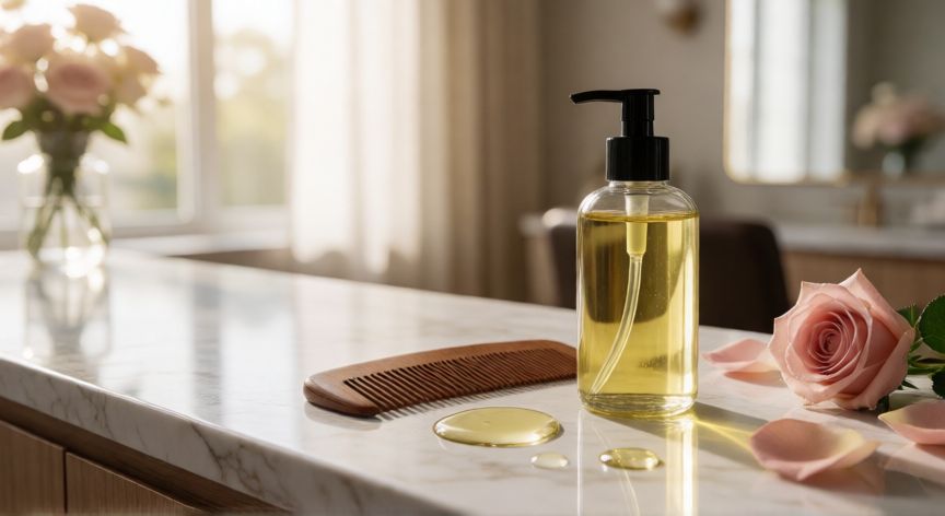 mejor producto para recuperar el cabello, Sérum capilar con aceites esenciales sobre superficie de mármol