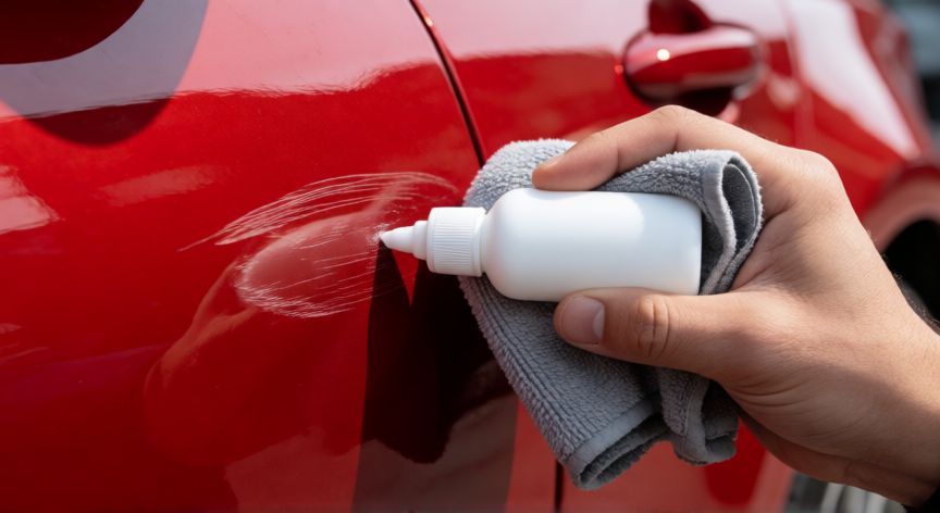 mejor producto para reparar arañazos coche, Aplicación de pasta pulidora para reparar arañazos superficiales en carrocería roja