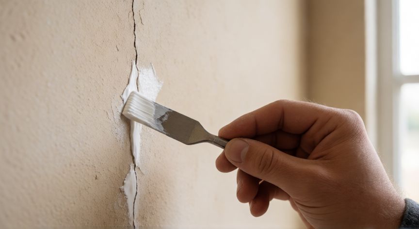 mejor producto para reparar grietas en paredes, Aplicación de masilla elástica en una grieta fina de pared interior