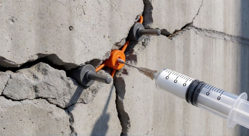 mejor producto para reparar grietas en paredes, Inyección de resina epóxica en una grieta estructural con anclajes