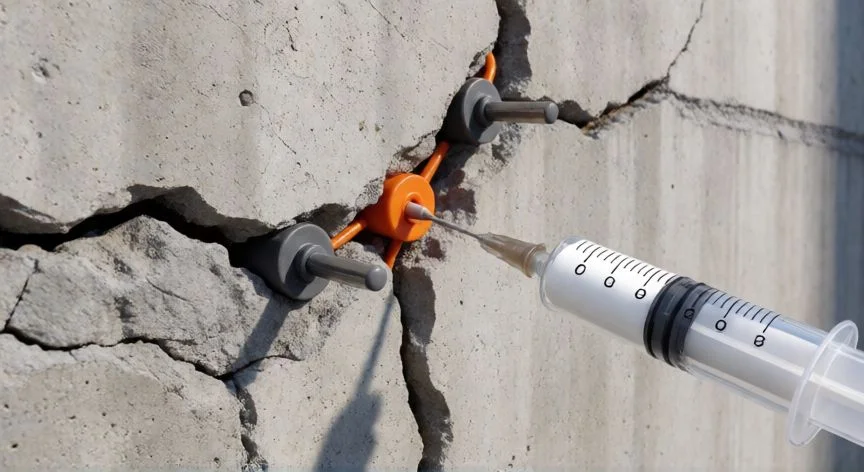 mejor producto para reparar grietas en paredes, Inyección de resina epóxica en una grieta estructural con anclajes