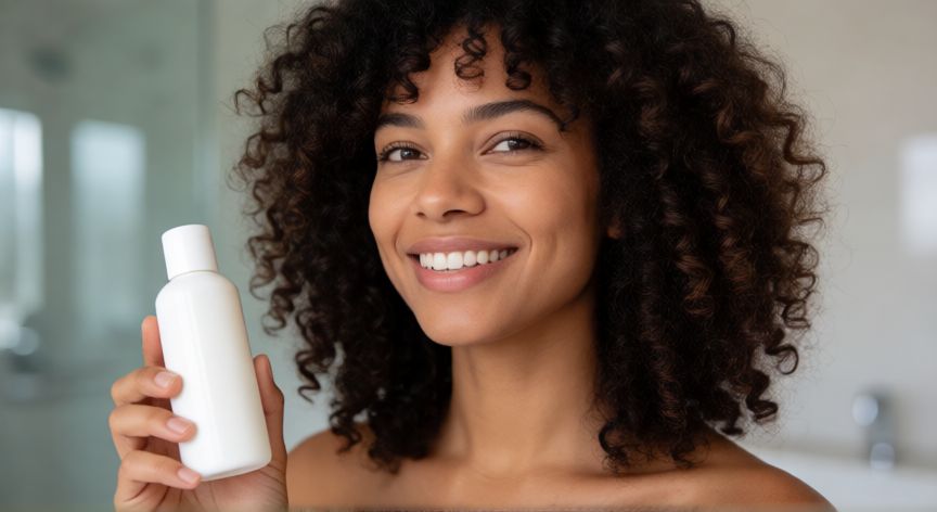 mejor producto para rizar el pelo, Mujer con rizos definidos aplicando crema capilar de definición