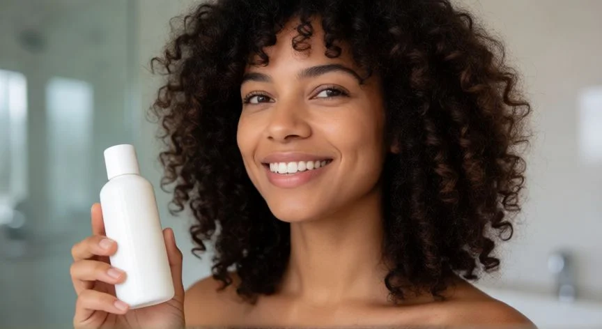 Mujer con rizos definidos aplicando crema capilar de definición