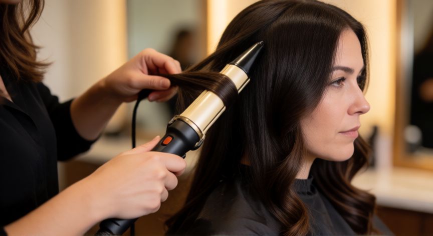 mejor producto para rizar pelo liso, Mujer usando tenalla de rizado para crear ondas en pelo liso