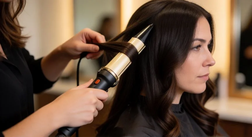 mejor producto para rizar pelo liso, Mujer usando tenalla de rizado para crear ondas en pelo liso