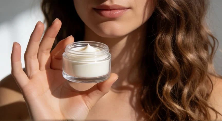 Mujer con cabello ondulado definido aplicando crema hidratante