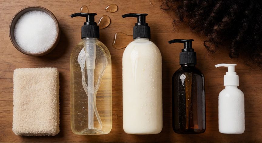 mejor producto para rizos, Colección de productos de cuidado capilar para rizos sobre mesa de madera