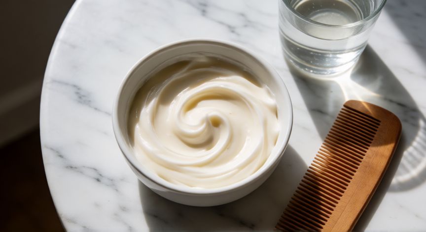 mejor producto para rizos definidos, Crema capilar hidratante en un bol de cerámica sobre mesa de mármol