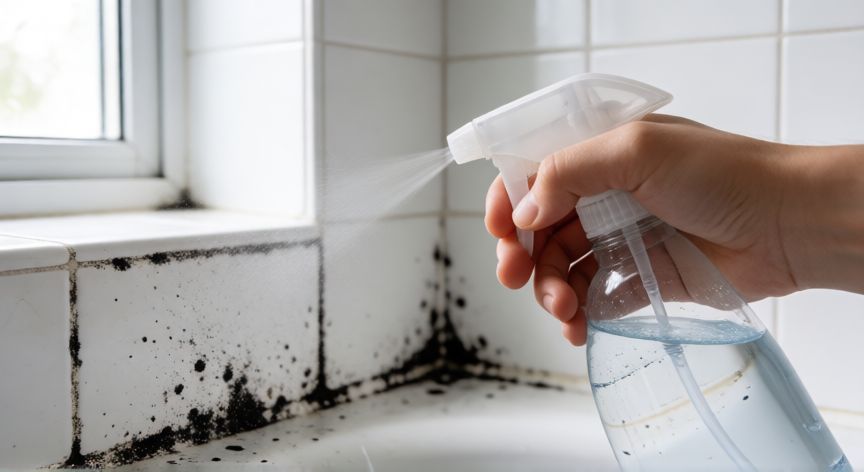 mejor producto para sacar hongos del baño, Mano aplicando limpiador fungicida sobre juntas de azulejos con moho