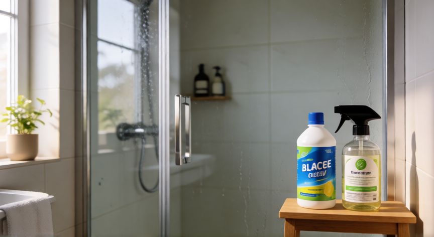 mejor producto para sacar hongos del baño, Productos de limpieza antimoho sobre estante en baño limpio y ordenado