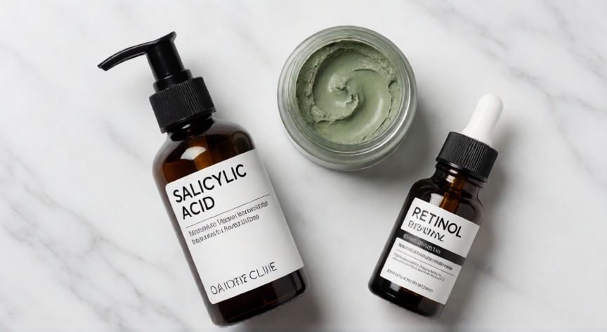 mejor producto para sacar puntos negros, Juego de productos de cuidado de piel con ácido salicílico y arcilla verde sobre superficie de mármol