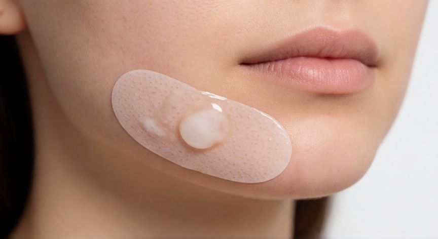 mejor producto para secar espinillas, Parche hidrogel médico aplicado sobre la mandíbula para tratar imperfecciones