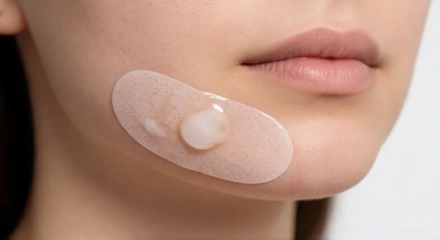 mejor producto para secar espinillas, Parche hidrogel médico aplicado sobre la mandíbula para tratar imperfecciones