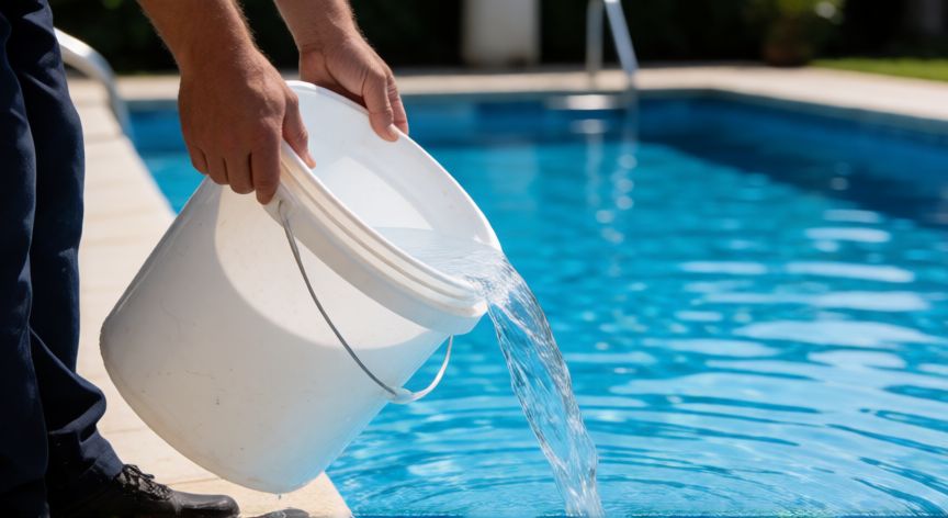 mejor producto para subir el ph de la piscina, Persona añadiendo producto químico disuelto al agua de la piscina para subir el pH