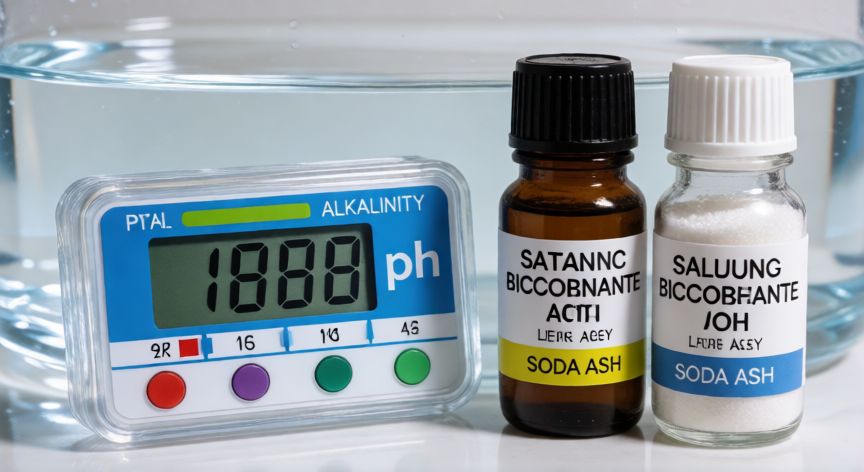 mejor producto para subir el ph de la piscina, Kit de prueba de agua mostrando niveles de pH y botellas de productos para equilibrar la piscina